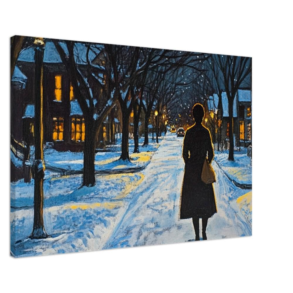 Winter Night Walk, an elegant piece of african american wall art depicting a serene night scene with a figure strolling.