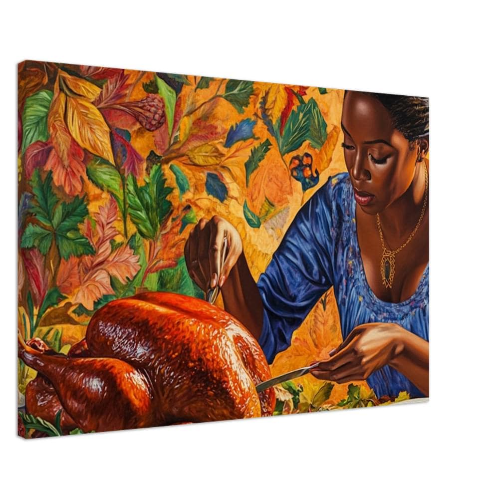 Black Mother Carving Thanksgiving Turkey | African American Fall Art | Thanksgiving Dinner Canvas | Holiday Wall Art | Autumn Home Decor