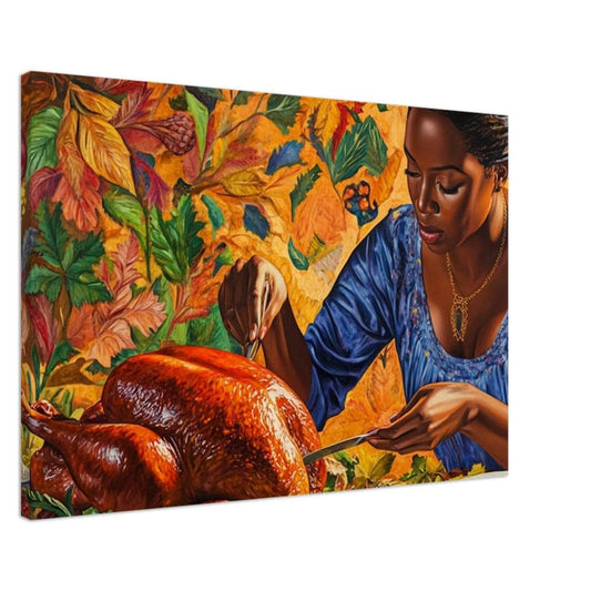 Black Mother Carving Thanksgiving Turkey | African American Fall Art | Thanksgiving Dinner Canvas | Holiday Wall Art | Autumn Home Decor