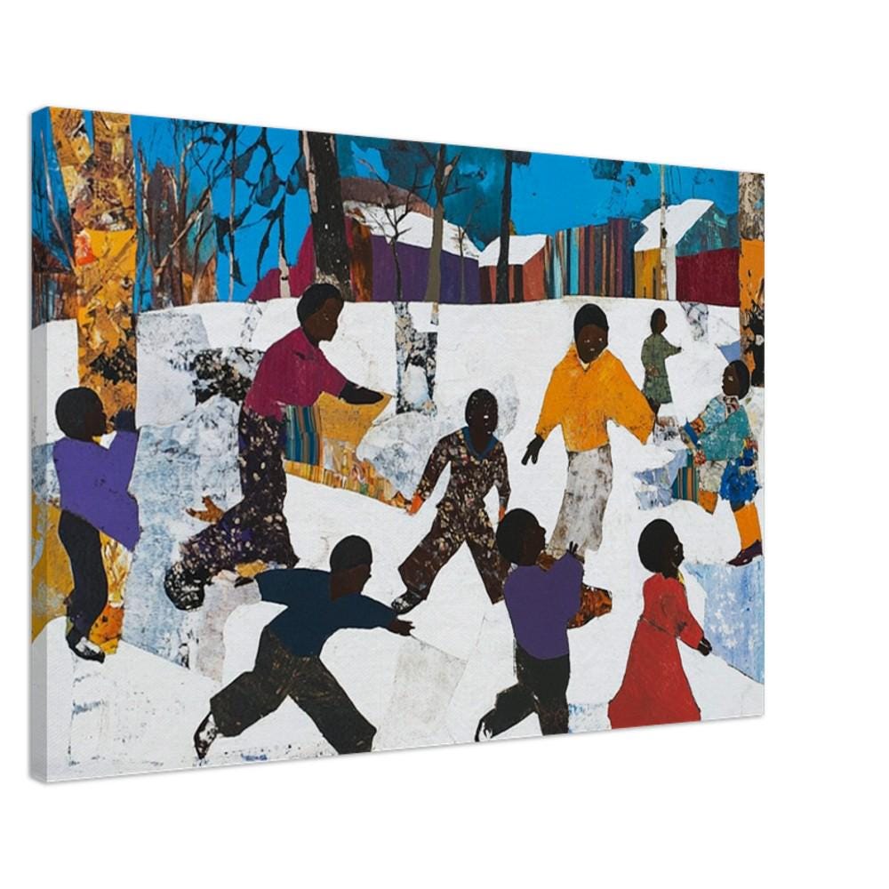 Black Children Playing in the Snow | African American Christmas Art | Winter Holiday Scene Canvas | Festive Christmas Wall Decor