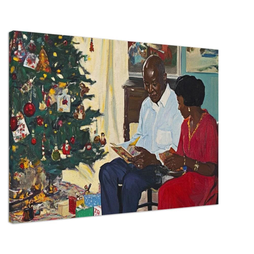 Black Family Gathering by the Christmas Tree | African American Christmas Art | Festive Holiday Scene Canvas | Warm Christmas Wall Decor