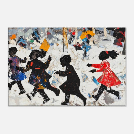 Black Children Playing in Snow | African American Winter Art | Festive Holiday Snow Scene Canvas | Vibrant Christmas Wall Decor