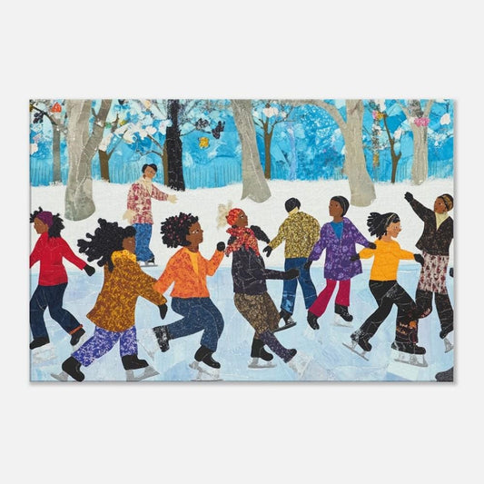 Black Friends Ice Skating in Winter | African American Quilt-Style Art | Festive Winter Scene Canvas | Vibrant Holiday Wall Decor