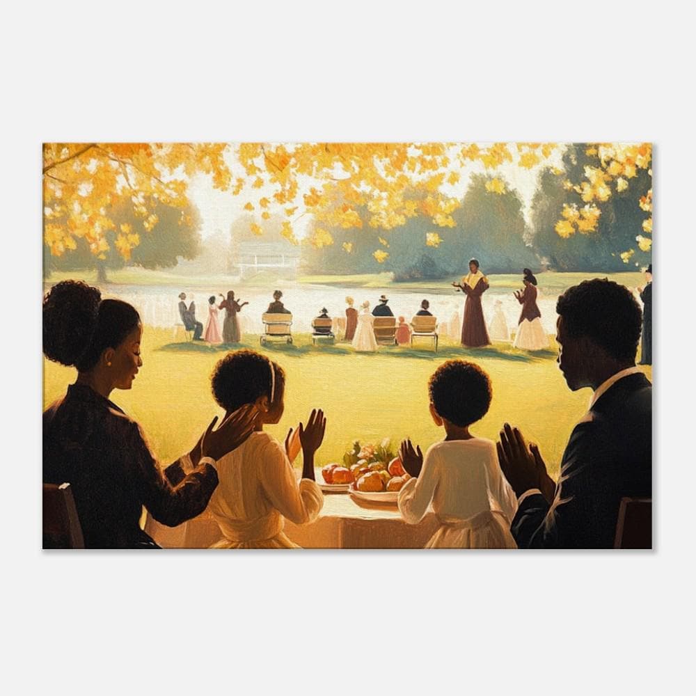 Colorful fall feast depiction in vibrant hues, perfect for adding warmth as African American wall art.