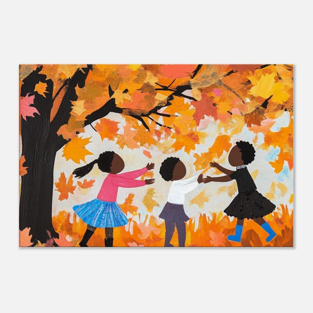 Black Children Collecting Fall Leaves | African American Autumn Art | Vibrant Fall Scene Canvas | Joyful Autumn Wall Decor