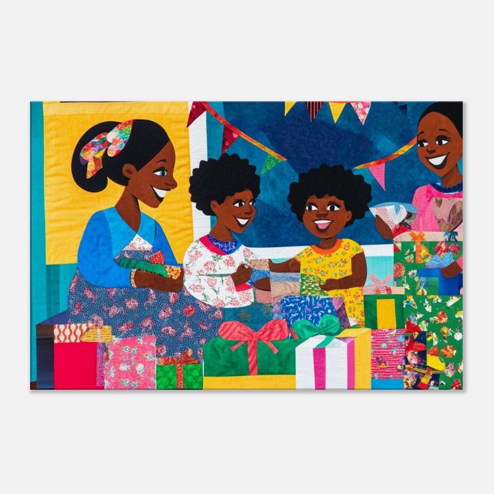 Black Family Christmas Morning artwork, showcasing love and joy, perfect as african american wall art for festive decor.