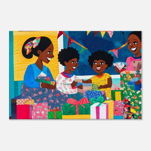 Black Family Opening Christmas Gifts | African American Holiday Art | Quilt-Style Christmas Scene Canvas | Joyful Christmas Home Decor