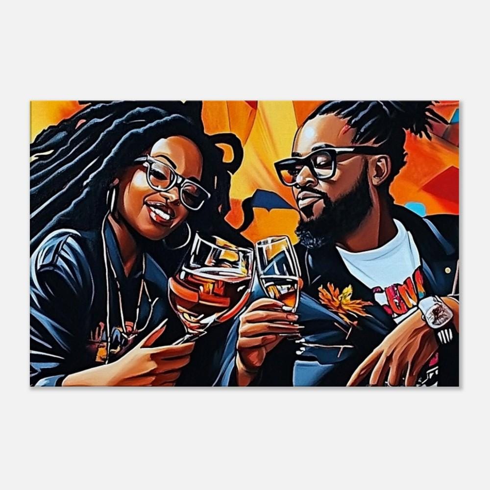 Black couple toasting in celebration, vibrant colors make this piece a stunning addition to any African American wall art collection.