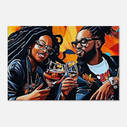 Black couple toasting in celebration, vibrant colors make this piece a stunning addition to any African American wall art collection.