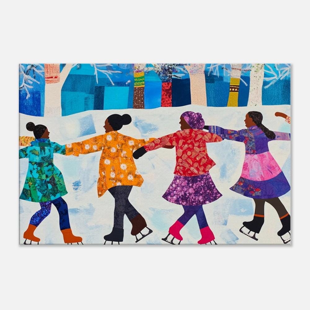 Black children winter quilt art, vibrant african american wall art ideal for cozy home decor.