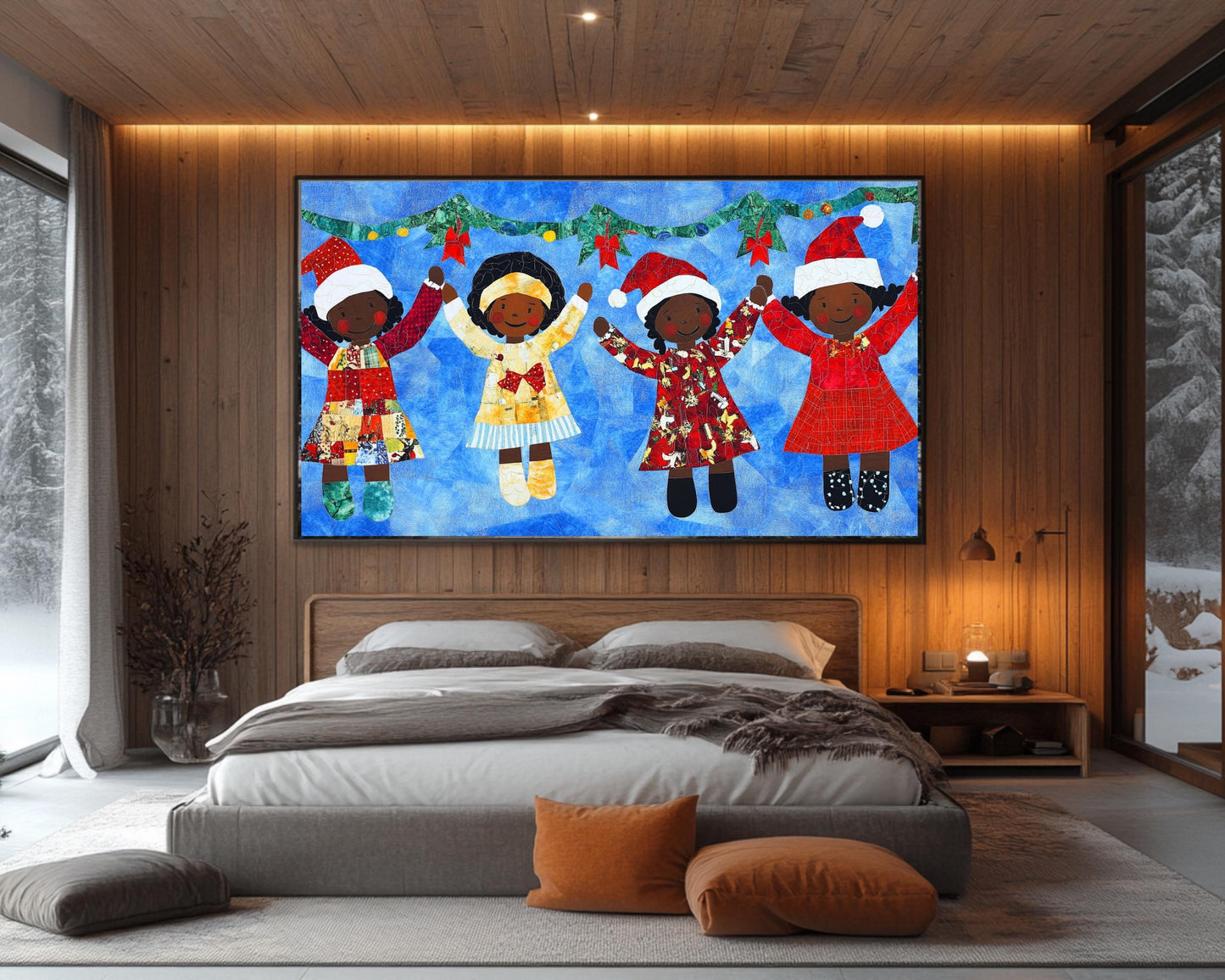 Faith Ringgold Quilt-Style Christmas Art | Black Children Holiday Decor | African American Wall Art