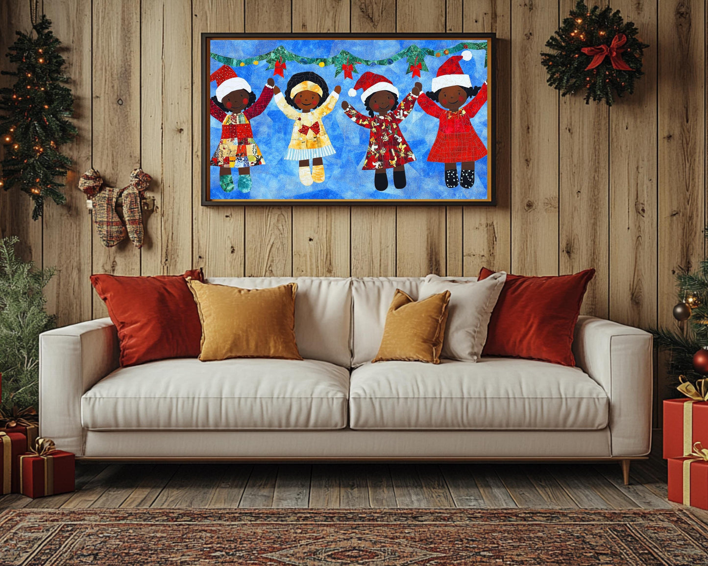 Faith Ringgold Quilt-Style Christmas Art | Black Children Holiday Decor | African American Wall Art