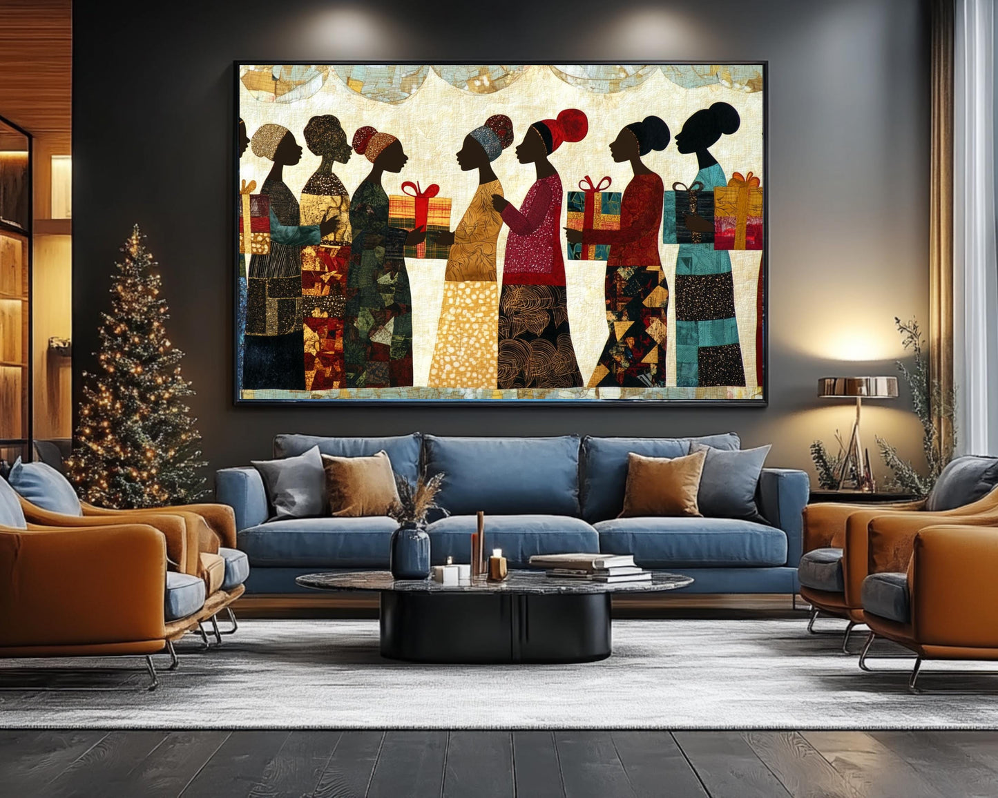 Faith Ringgold-Inspired Quilt Art | Black Women Exchanging Gifts | African American Cultural Wall Decor