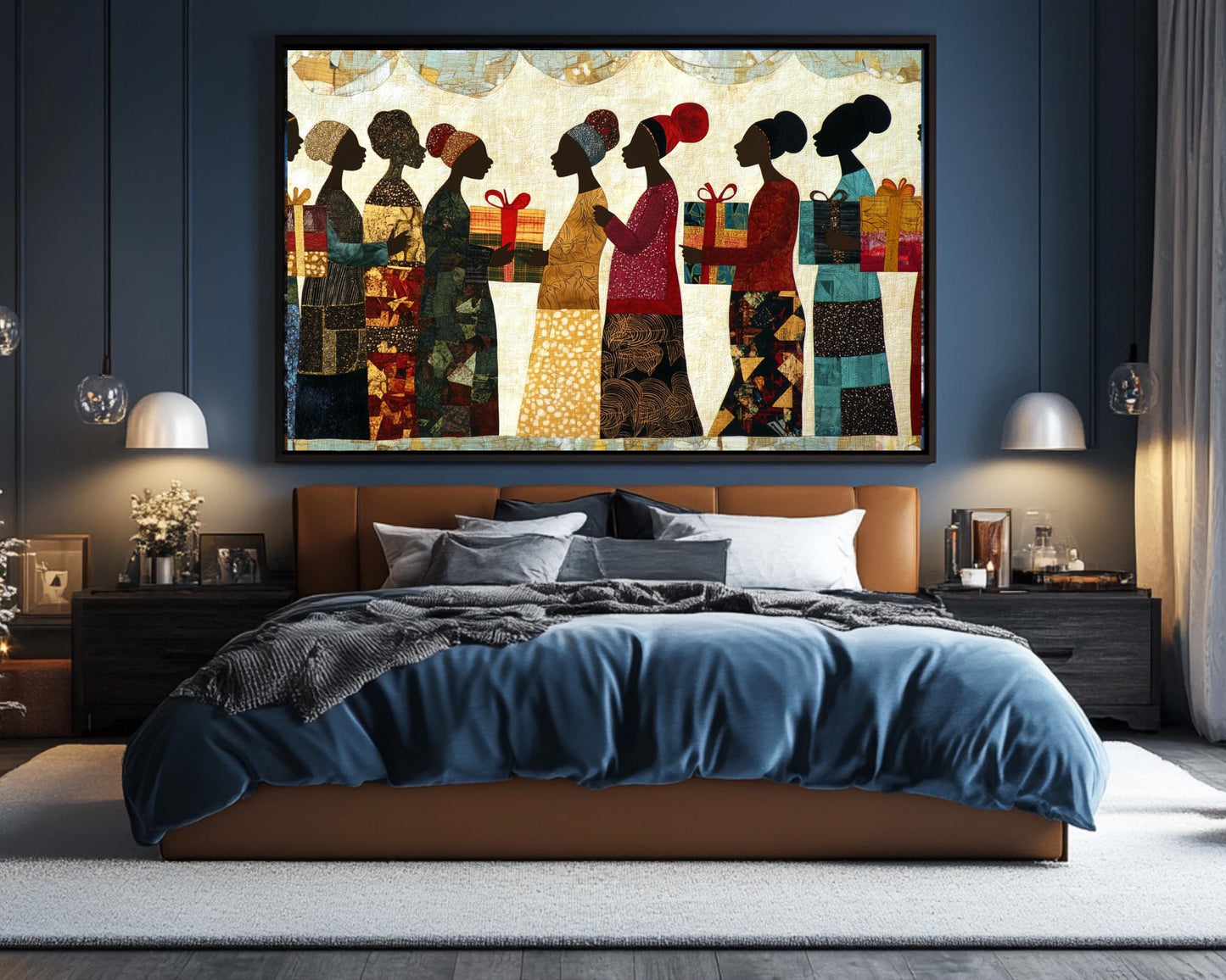 Faith Ringgold-Inspired Quilt Art | Black Women Exchanging Gifts | African American Cultural Wall Decor