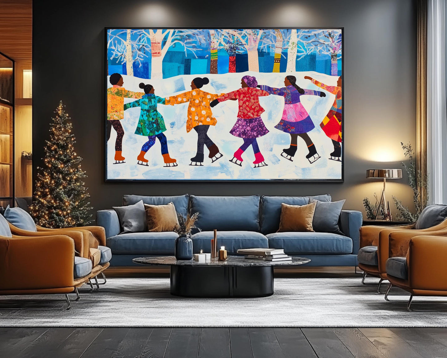 Quilt-Style Ice Skating Scene | Black Joy in Winter | Faith Ringgold-Inspired Wall Art | Colorful African American Art