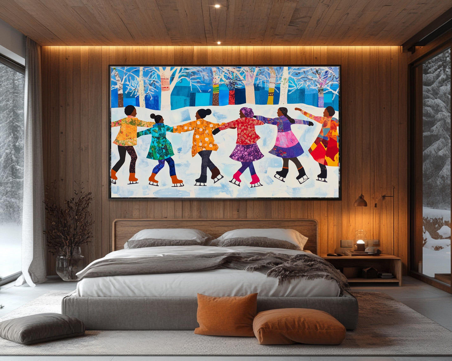 Quilt-Style Ice Skating Scene | Black Joy in Winter | Faith Ringgold-Inspired Wall Art | Colorful African American Art