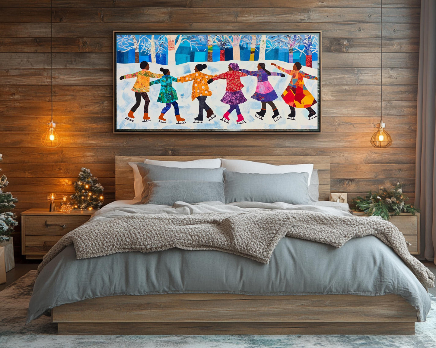 Quilt-Style Ice Skating Scene | Black Joy in Winter | Faith Ringgold-Inspired Wall Art | Colorful African American Art