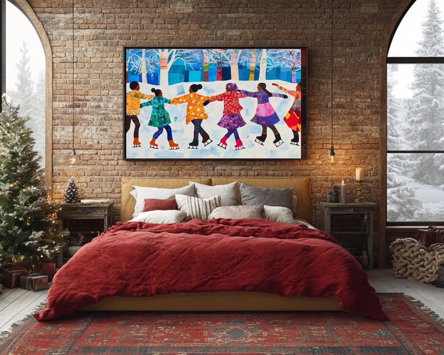 Quilt-Style Ice Skating Scene | Black Joy in Winter | Faith Ringgold-Inspired Wall Art | Colorful African American Art