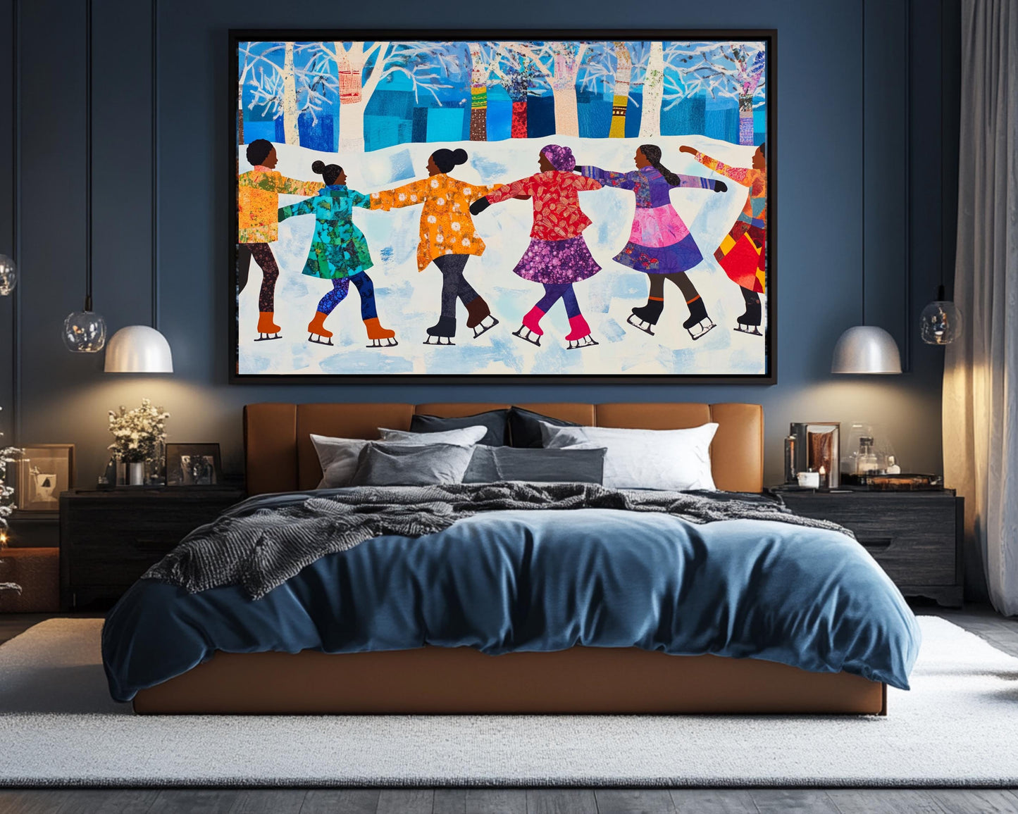 Quilt-Style Ice Skating Scene | Black Joy in Winter | Faith Ringgold-Inspired Wall Art | Colorful African American Art