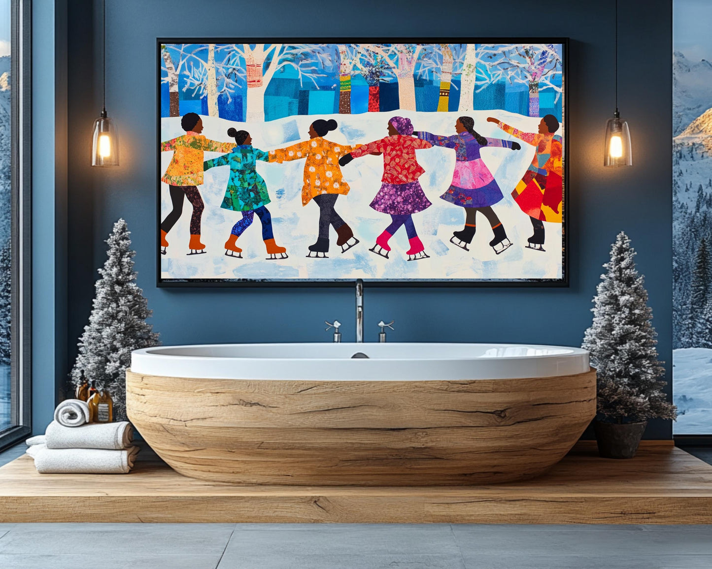 Quilt-Style Ice Skating Scene | Black Joy in Winter | Faith Ringgold-Inspired Wall Art | Colorful African American Art