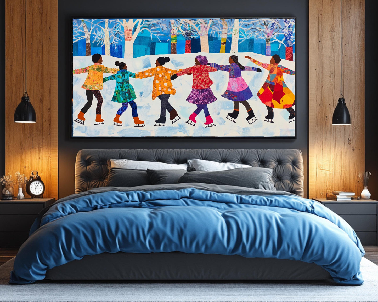 Quilt-Style Ice Skating Scene | Black Joy in Winter | Faith Ringgold-Inspired Wall Art | Colorful African American Art