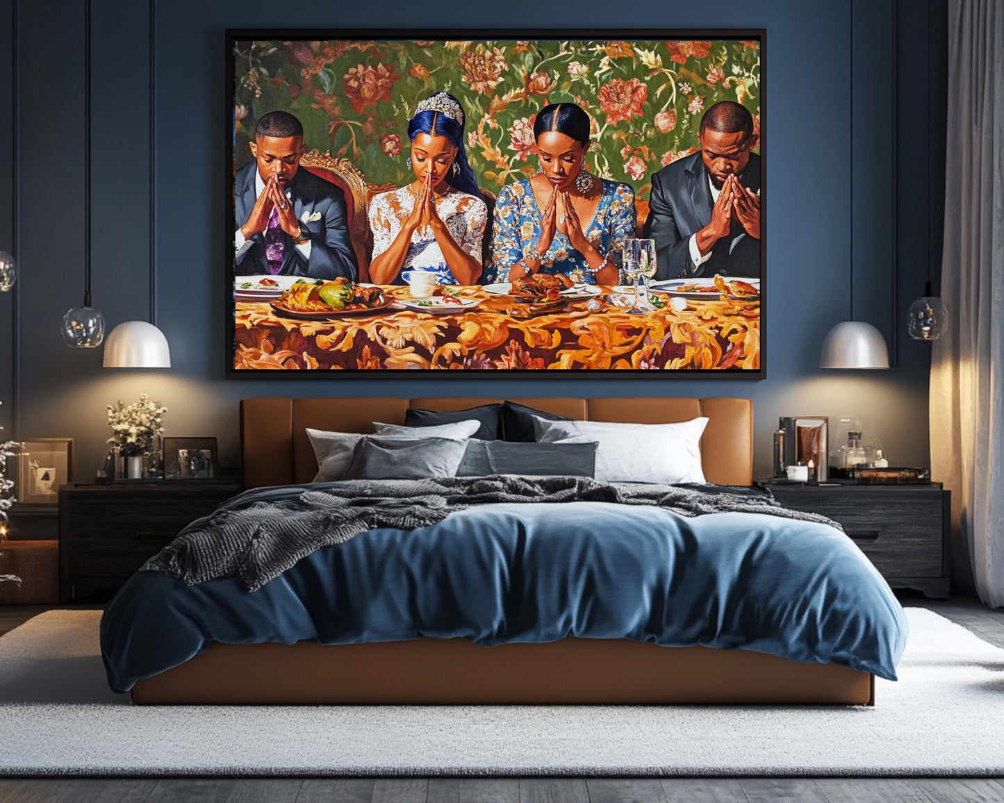 Black Family in Prayer Before Dinner | African American Art | Spiritual Unity Canvas Print | Elegant Religious Wall Art | Modern Home Decor