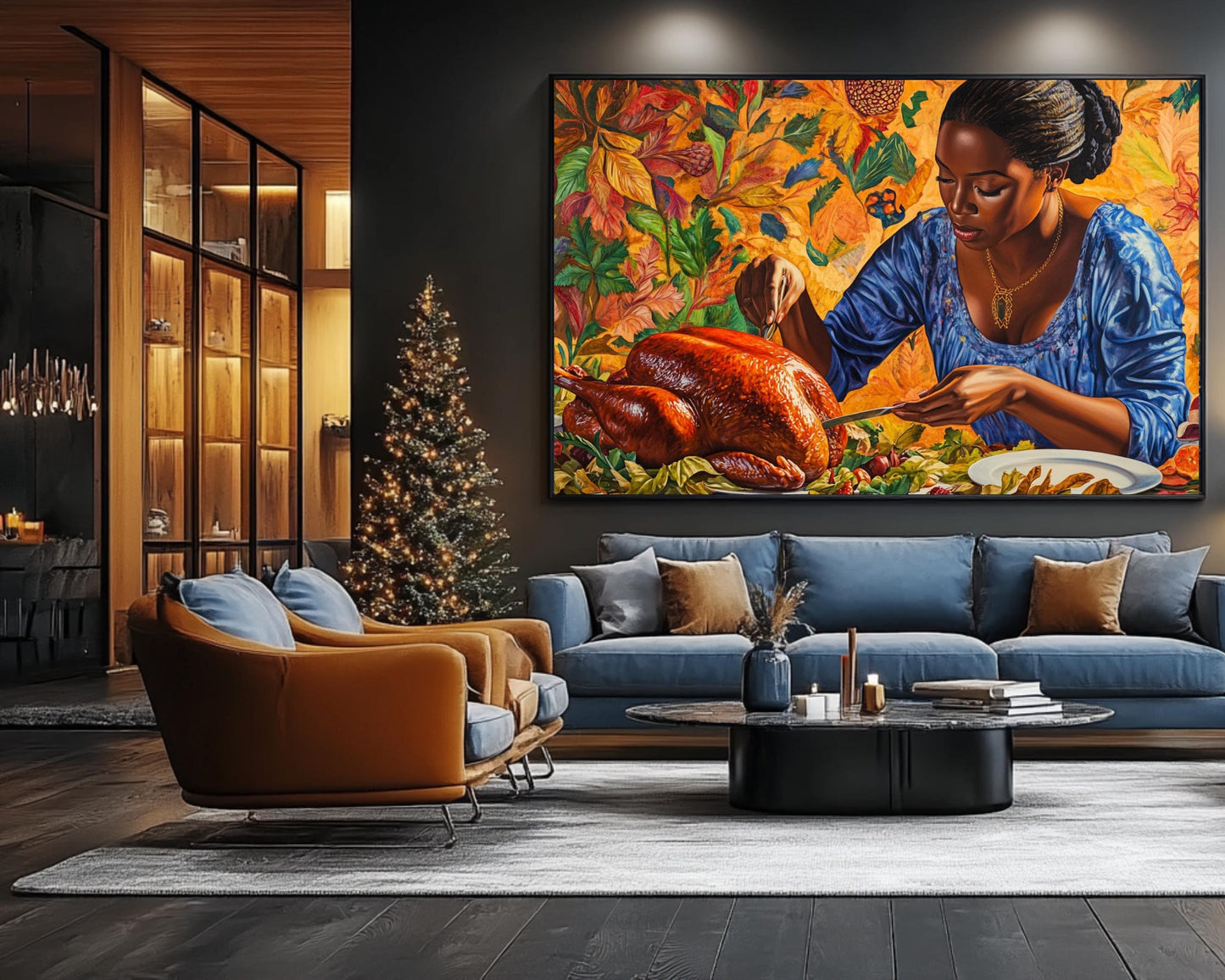 Black Mother Carving Thanksgiving Turkey | African American Fall Art | Thanksgiving Dinner Canvas | Holiday Wall Art | Autumn Home Decor