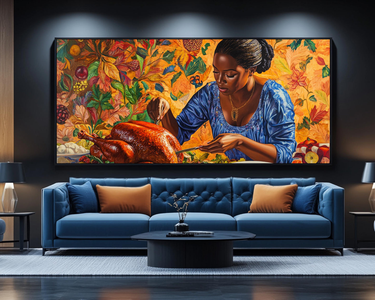 Black Mother Carving Thanksgiving Turkey | African American Fall Art | Thanksgiving Dinner Canvas | Holiday Wall Art | Autumn Home Decor