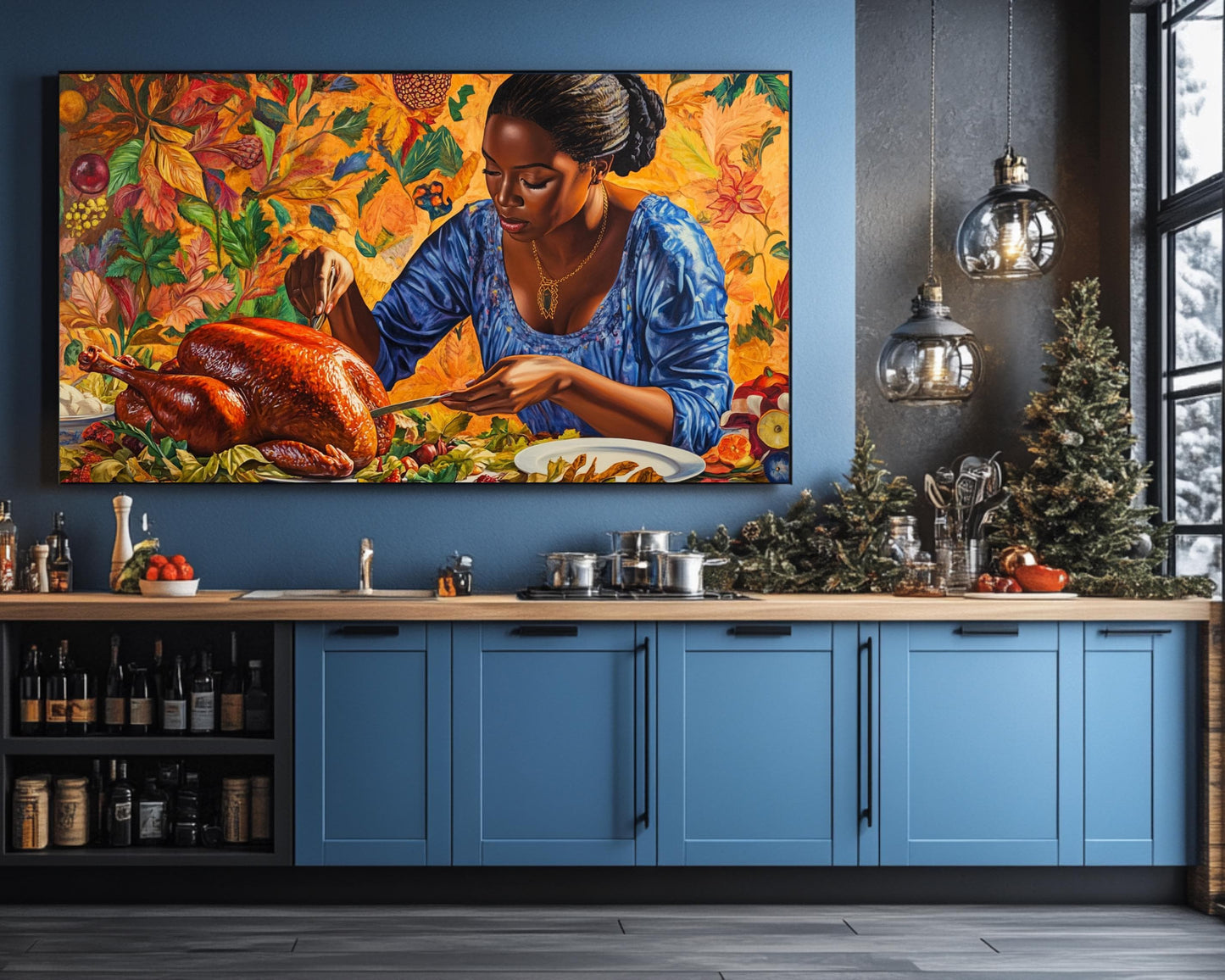 Black Mother Carving Thanksgiving Turkey | African American Fall Art | Thanksgiving Dinner Canvas | Holiday Wall Art | Autumn Home Decor