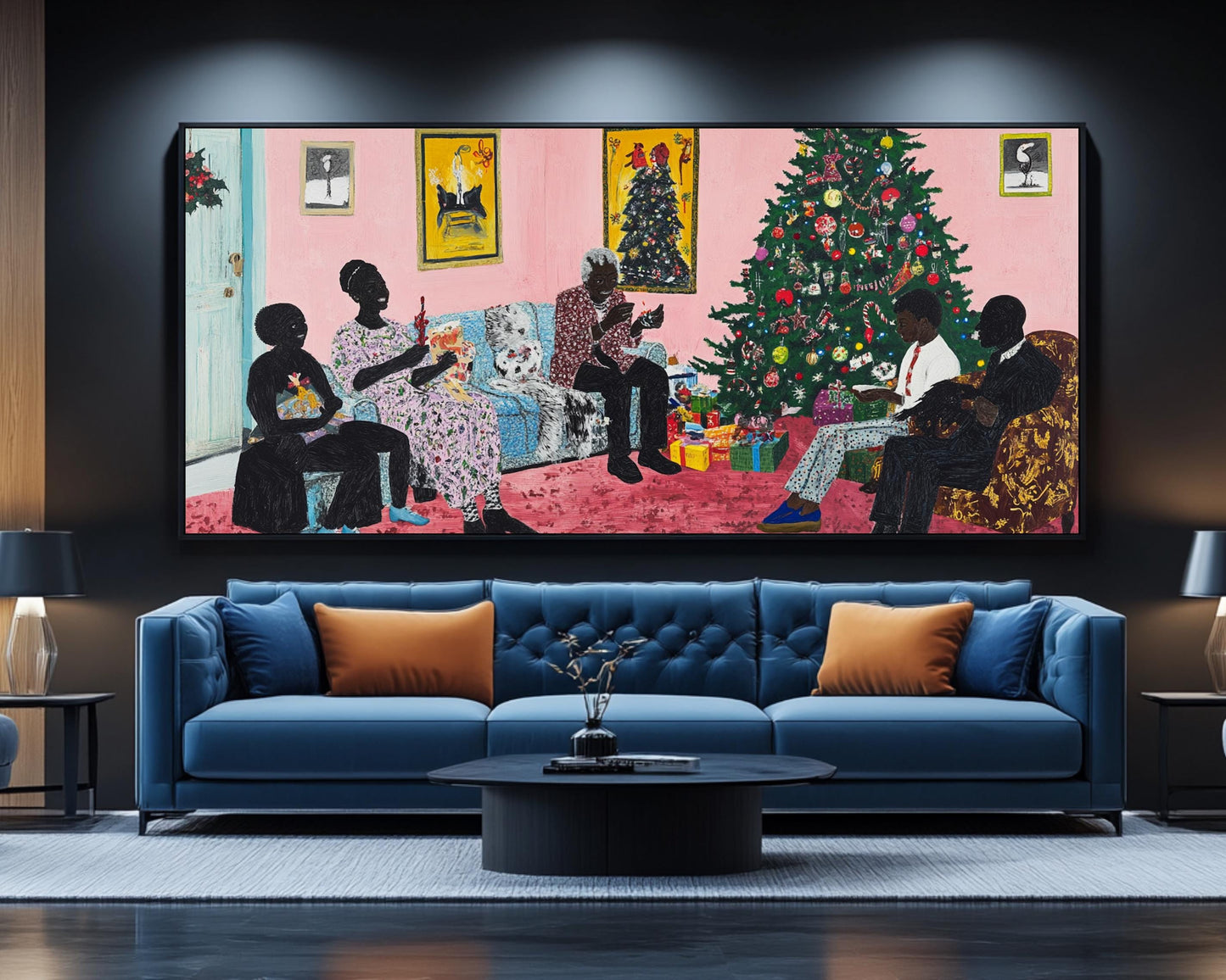 Black Family Christmas Gathering | African American Holiday Art | Christmas Tree Canvas Print | Family Time Wall Art | Festive Home Decor