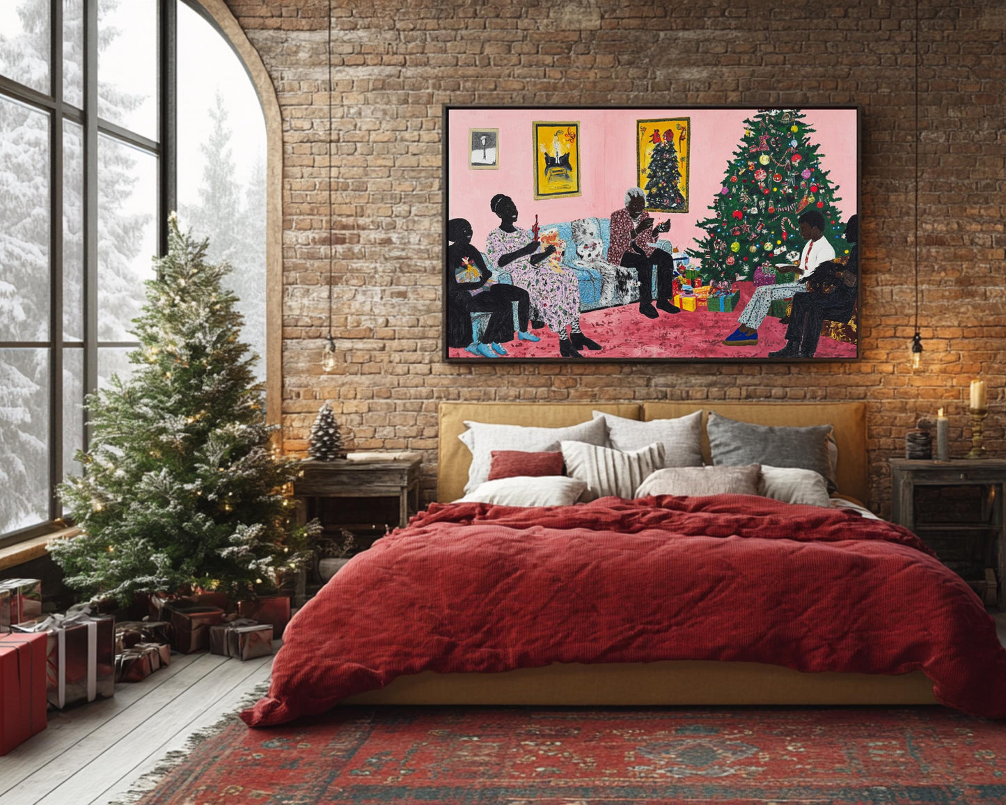 Black Family Christmas Gathering | African American Holiday Art | Christmas Tree Canvas Print | Family Time Wall Art | Festive Home Decor