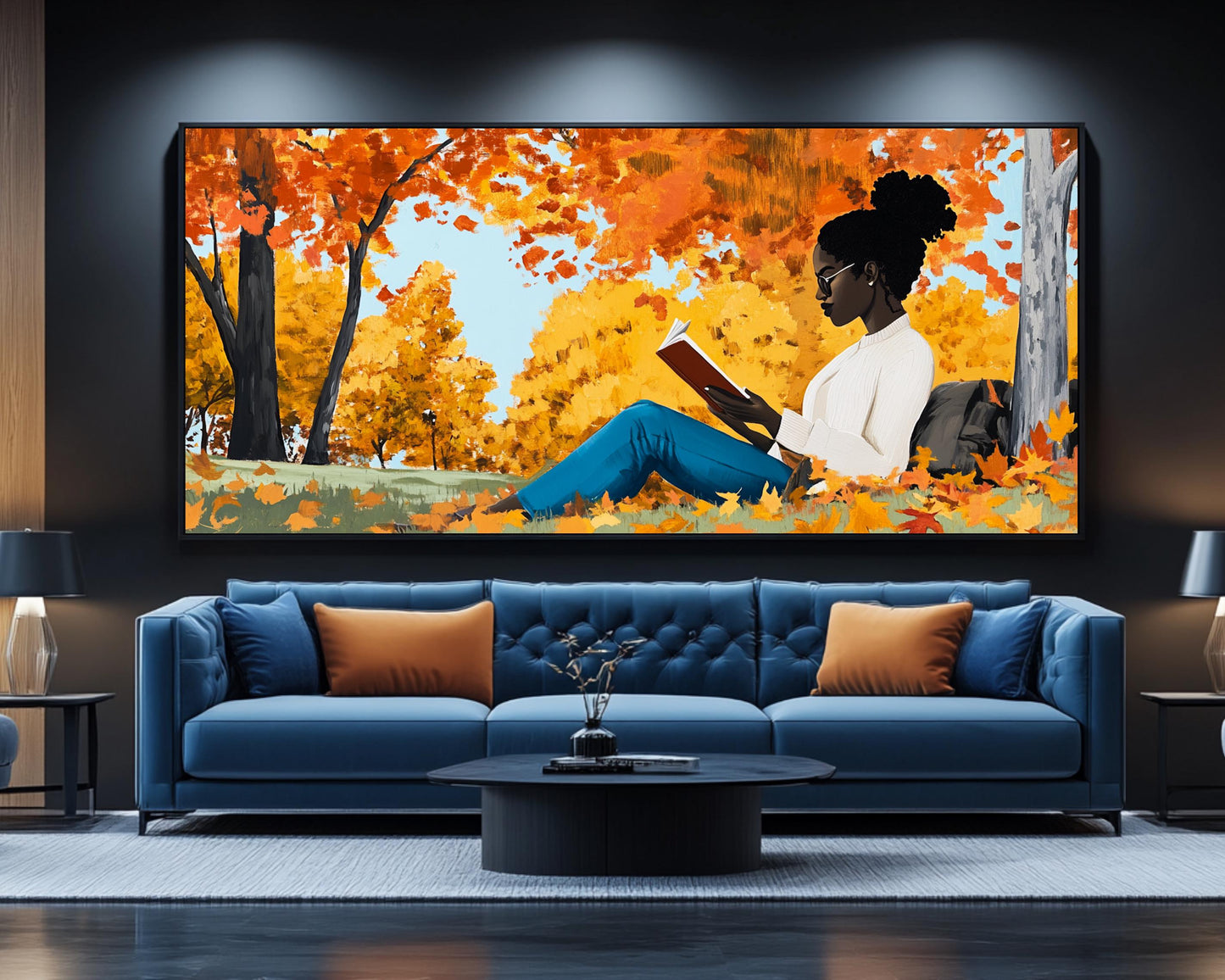 Black Woman Reading in Fall Park | African American Fall Art | Cozy Autumn Canvas Print | Relaxing Fall Decor | Modern Home Art