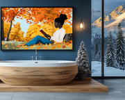 Black Woman Reading Fall cultural wall decor print by MoomZee Artwork