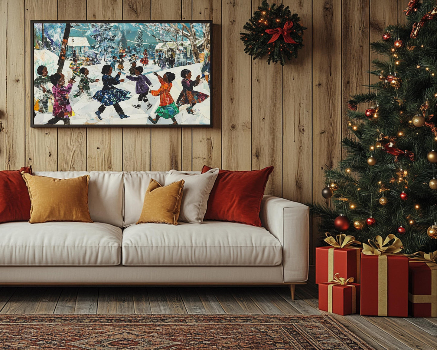 Black Children Playing in the Snow | African American Christmas Art | Festive Winter Scene Canvas | Holiday Wall Decor for Christmas