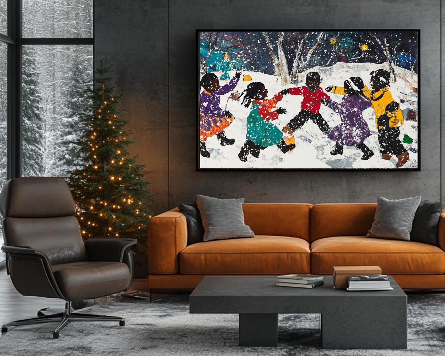 Black Children Playing in Snow | African American Christmas Art | Festive Winter Scene Canvas | Snow Day Wall Decor for Christmas Home