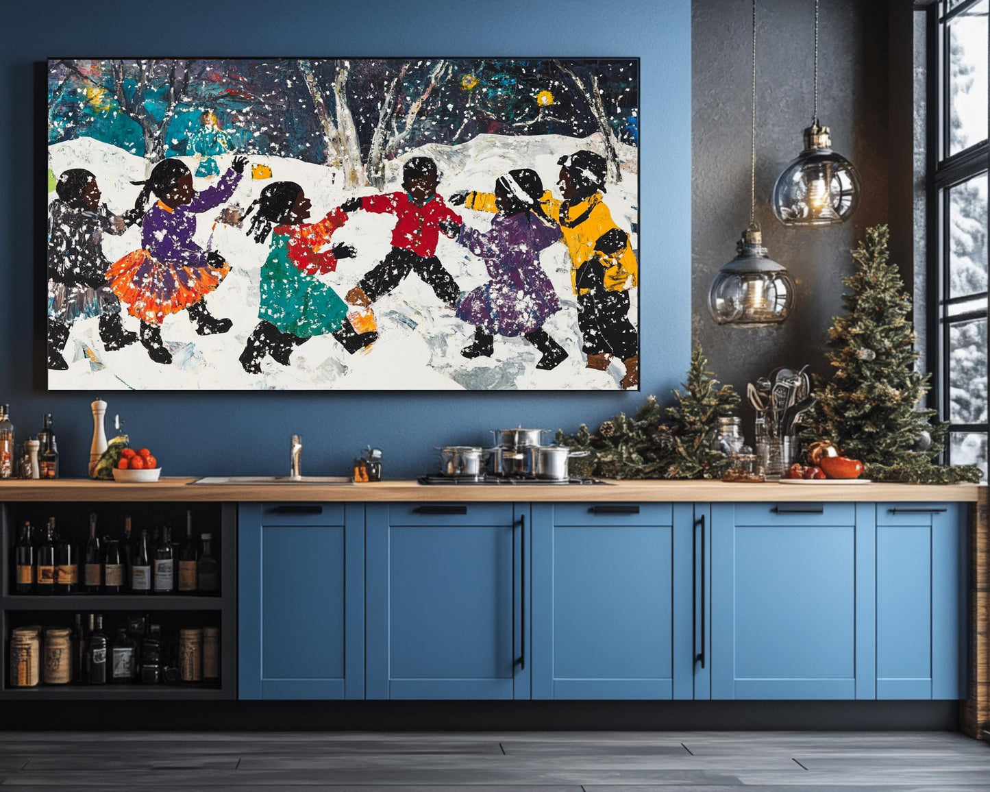 Black Children Playing in Snow | African American Christmas Art | Festive Winter Scene Canvas | Snow Day Wall Decor for Christmas Home