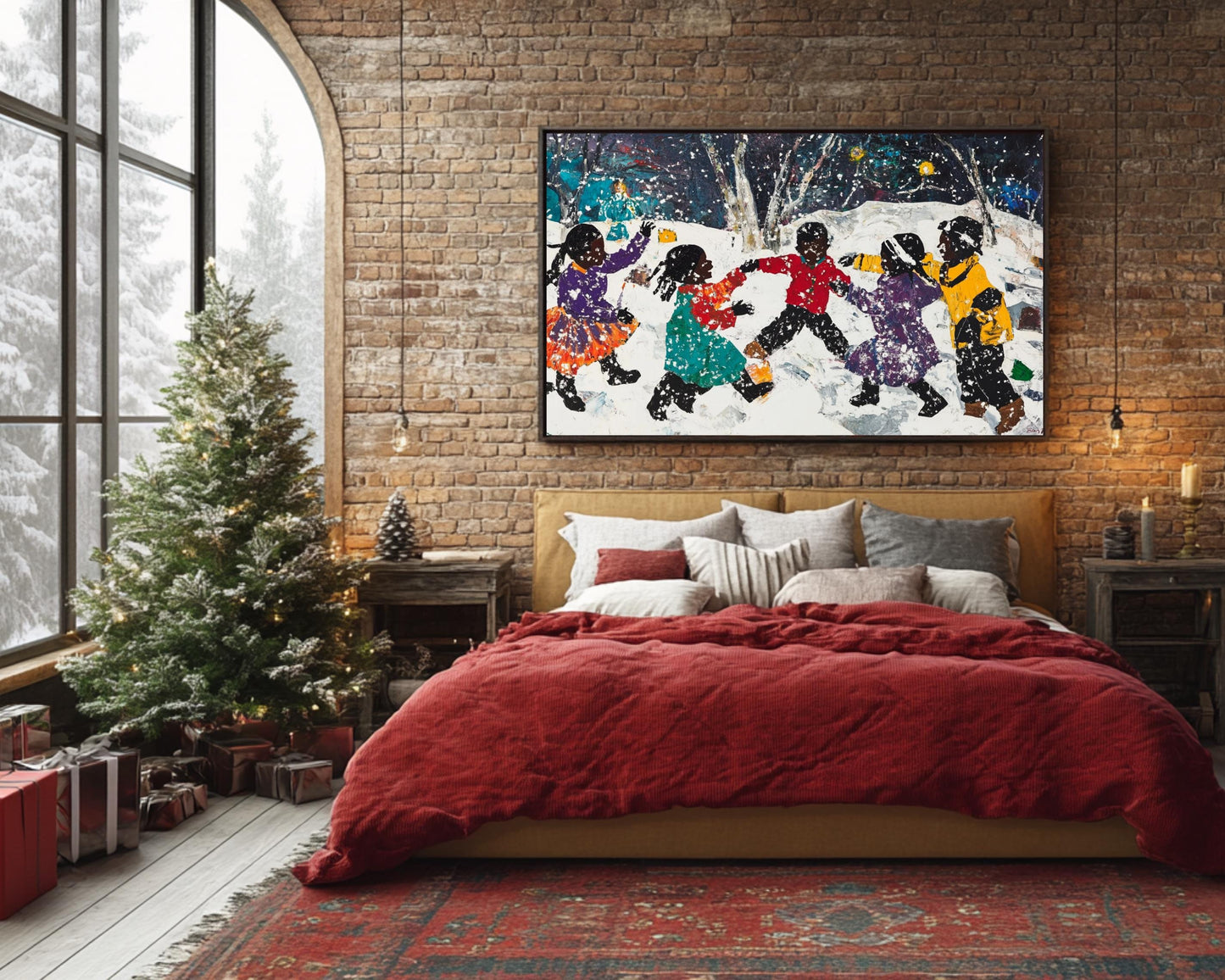 Black Children Playing in Snow | African American Christmas Art | Festive Winter Scene Canvas | Snow Day Wall Decor for Christmas Home