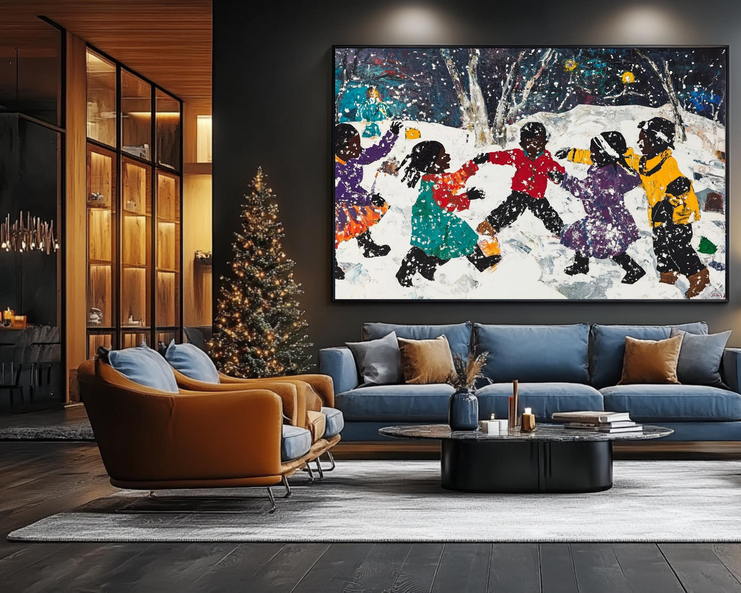 Black Children Playing in Snow | African American Christmas Art | Festive Winter Scene Canvas | Snow Day Wall Decor for Christmas Home