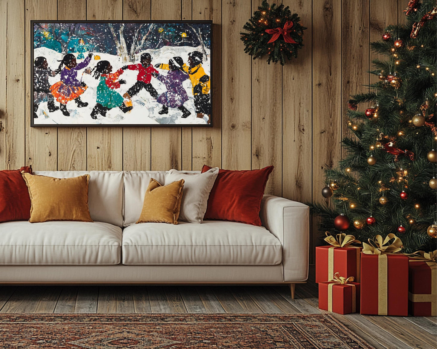 Black Children Playing in Snow | African American Christmas Art | Festive Winter Scene Canvas | Snow Day Wall Decor for Christmas Home