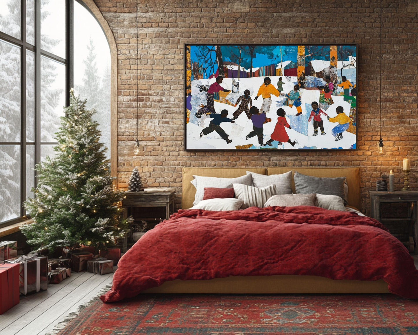 Black Children Playing in the Snow | African American Christmas Art | Winter Holiday Scene Canvas | Festive Christmas Wall Decor