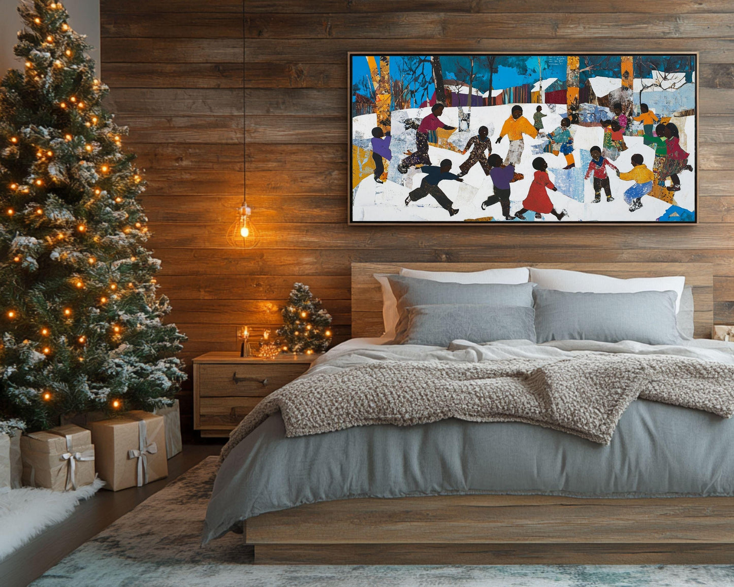 Black Children Playing in the Snow | African American Christmas Art | Winter Holiday Scene Canvas | Festive Christmas Wall Decor