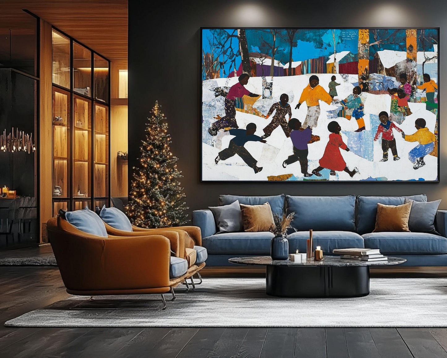 Black Children Playing in the Snow | African American Christmas Art | Winter Holiday Scene Canvas | Festive Christmas Wall Decor