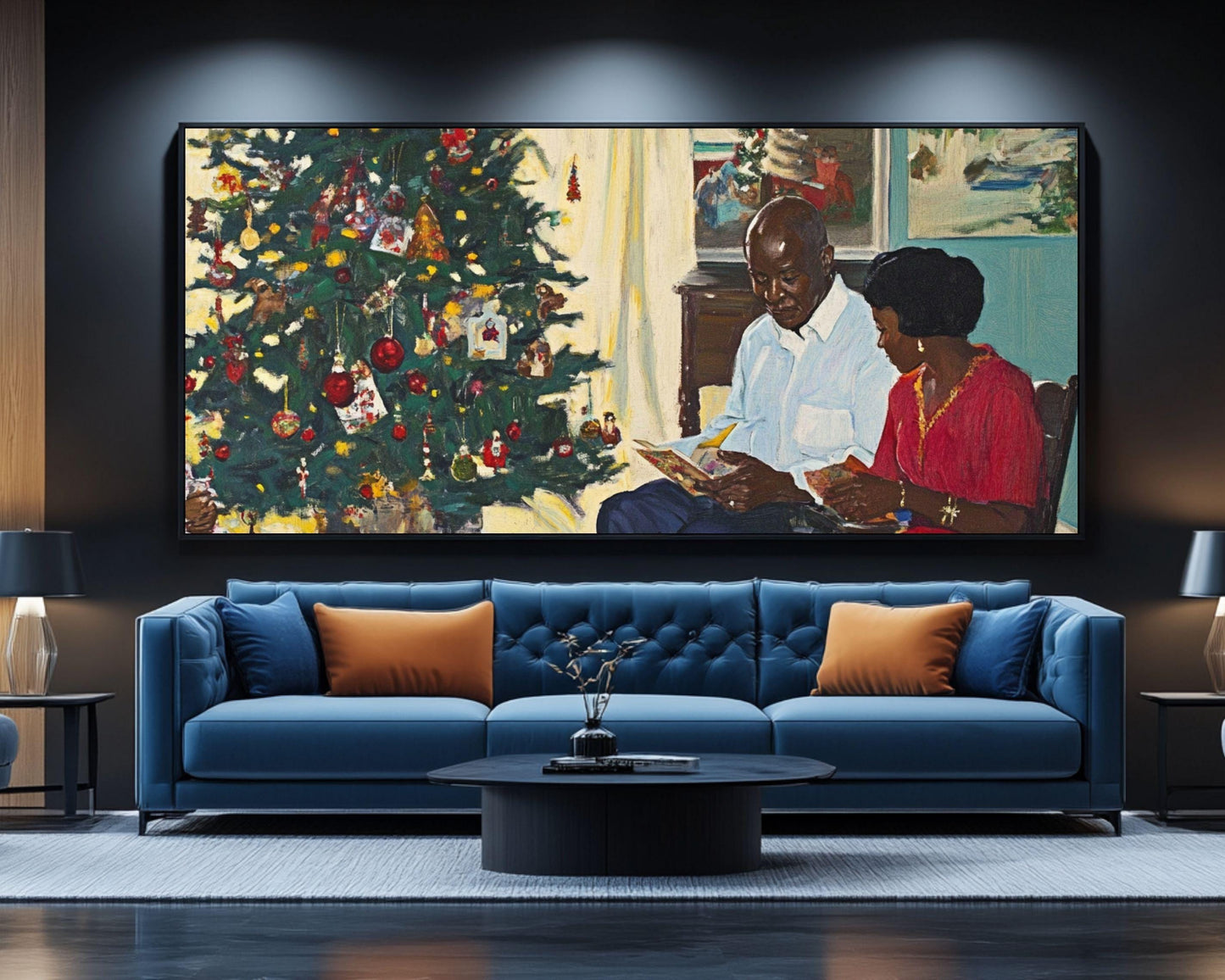 Black Family Gathering by the Christmas Tree | African American Christmas Art | Festive Holiday Scene Canvas | Warm Christmas Wall Decor