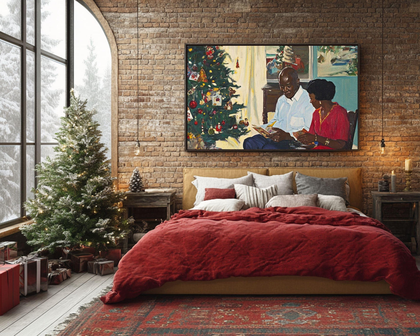 Black Family Gathering by the Christmas Tree | African American Christmas Art | Festive Holiday Scene Canvas | Warm Christmas Wall Decor