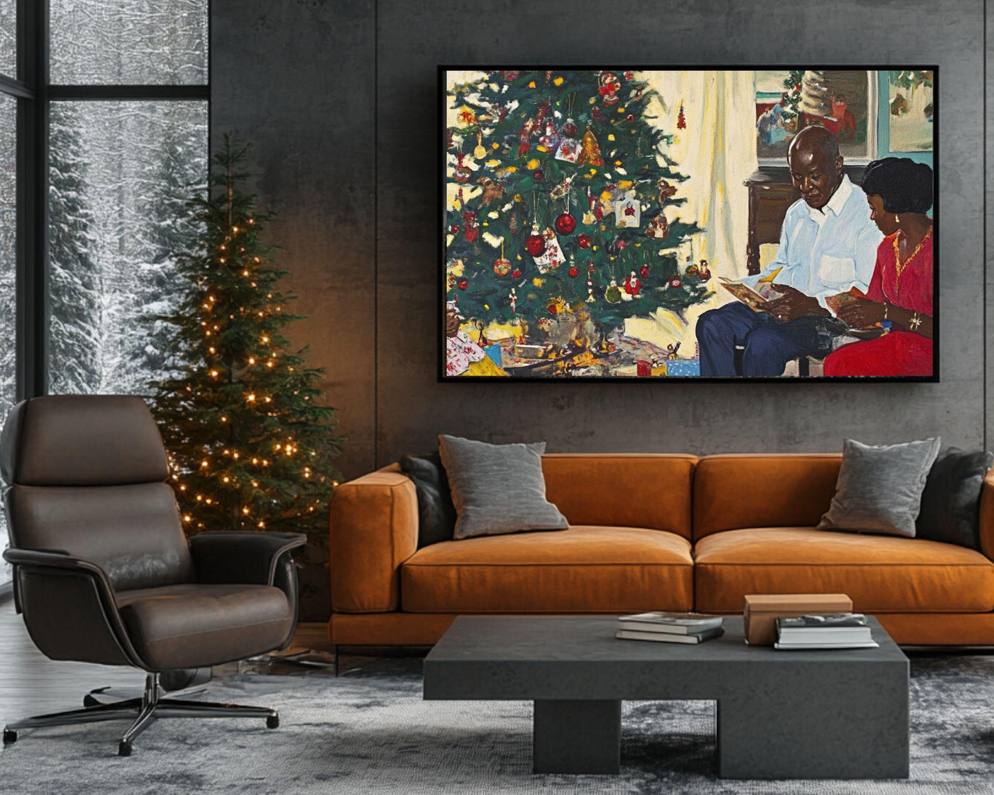 Black Family Gathering by the Christmas Tree | African American Christmas Art | Festive Holiday Scene Canvas | Warm Christmas Wall Decor