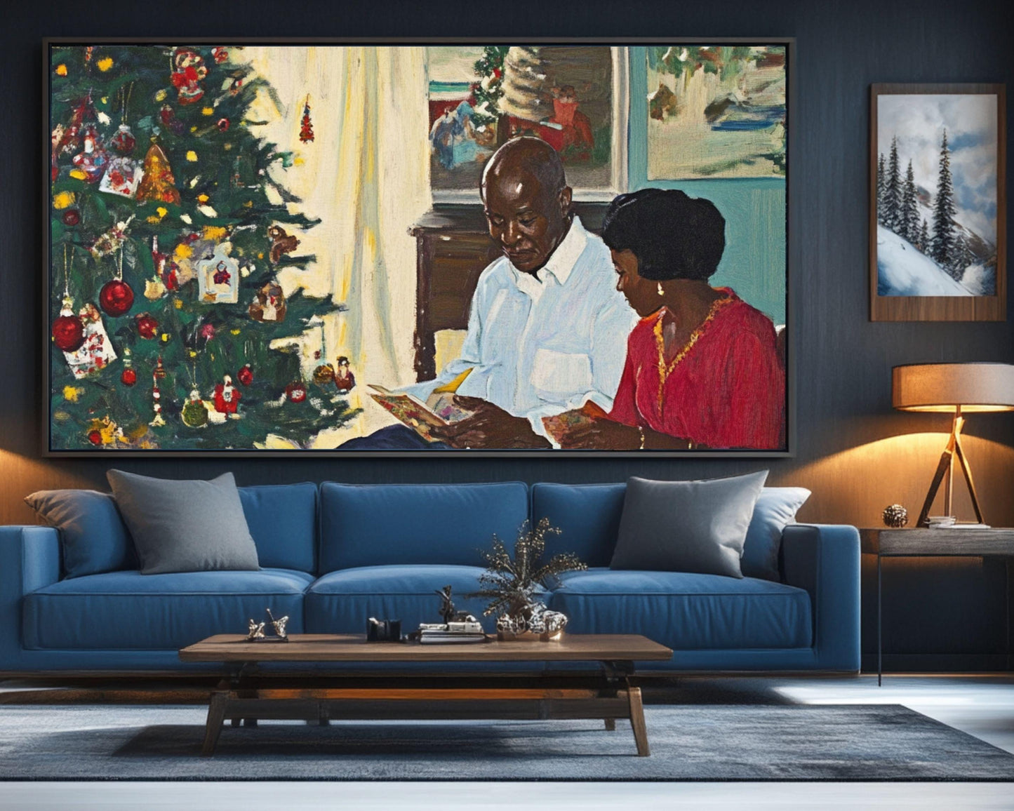 Black Family Gathering by the Christmas Tree | African American Christmas Art | Festive Holiday Scene Canvas | Warm Christmas Wall Decor