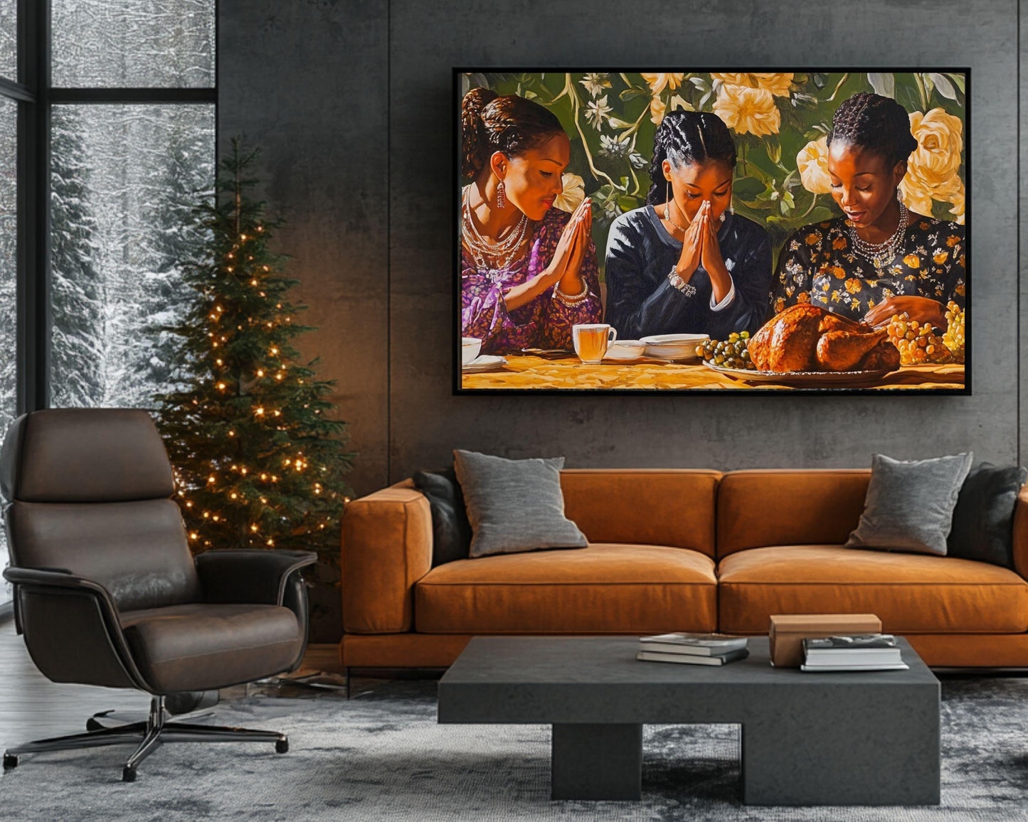 Black Family Praying at Thanksgiving Dinner | African American Thanksgiving Art | Festive Holiday Feast Canvas | Warm Fall Home Decor