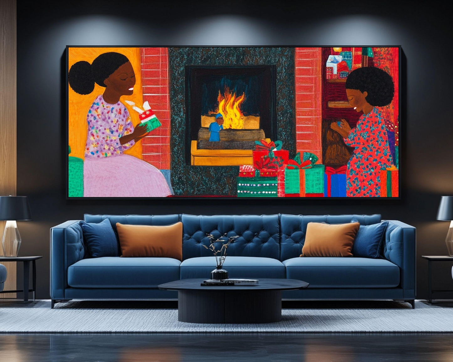 Black Family Opening Christmas Presents by the Fireplace | African American Holiday Art | Quilt-Style Christmas Art |Christmas Decor