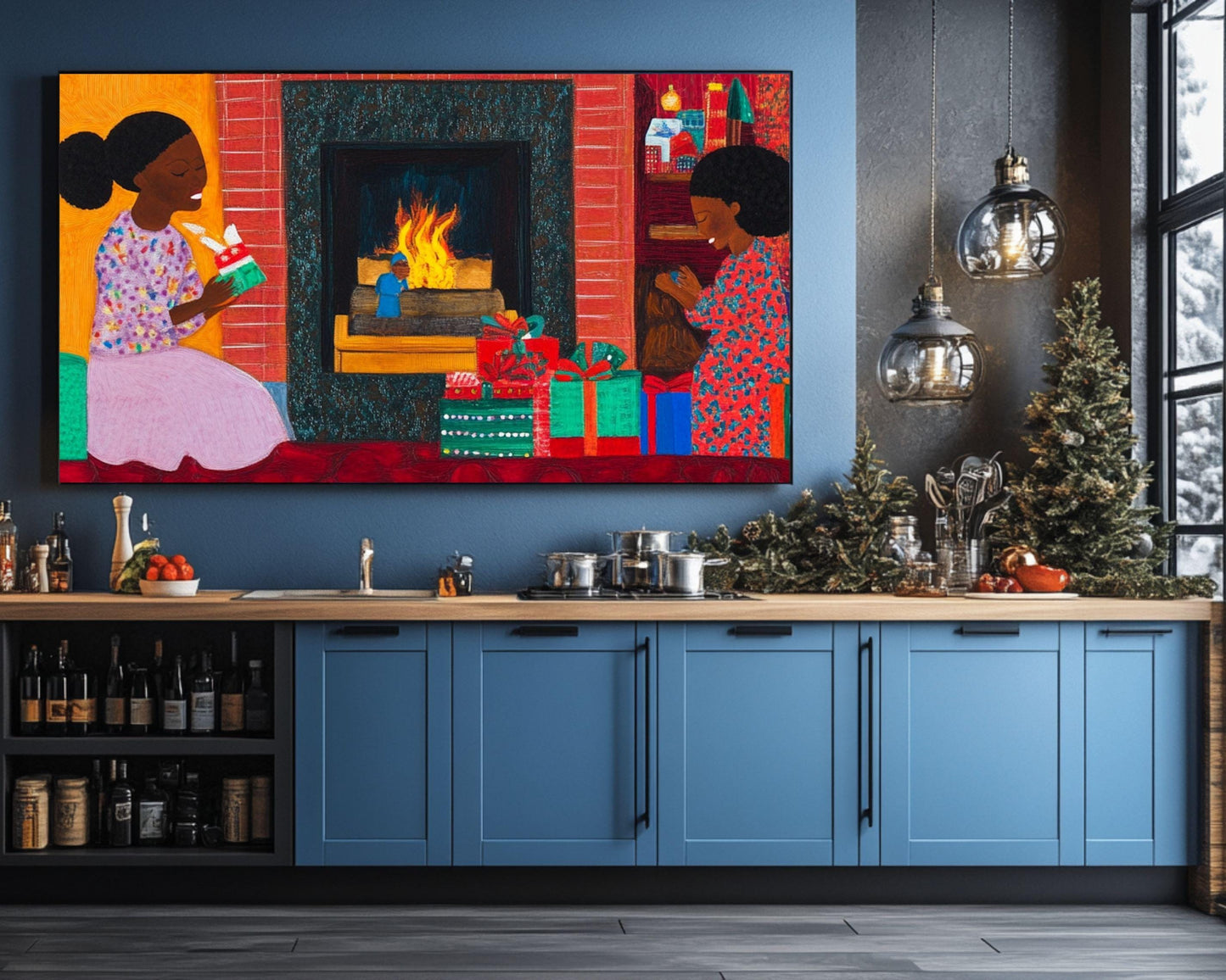 Black Family Opening Christmas Presents by the Fireplace | African American Holiday Art | Quilt-Style Christmas Art |Christmas Decor