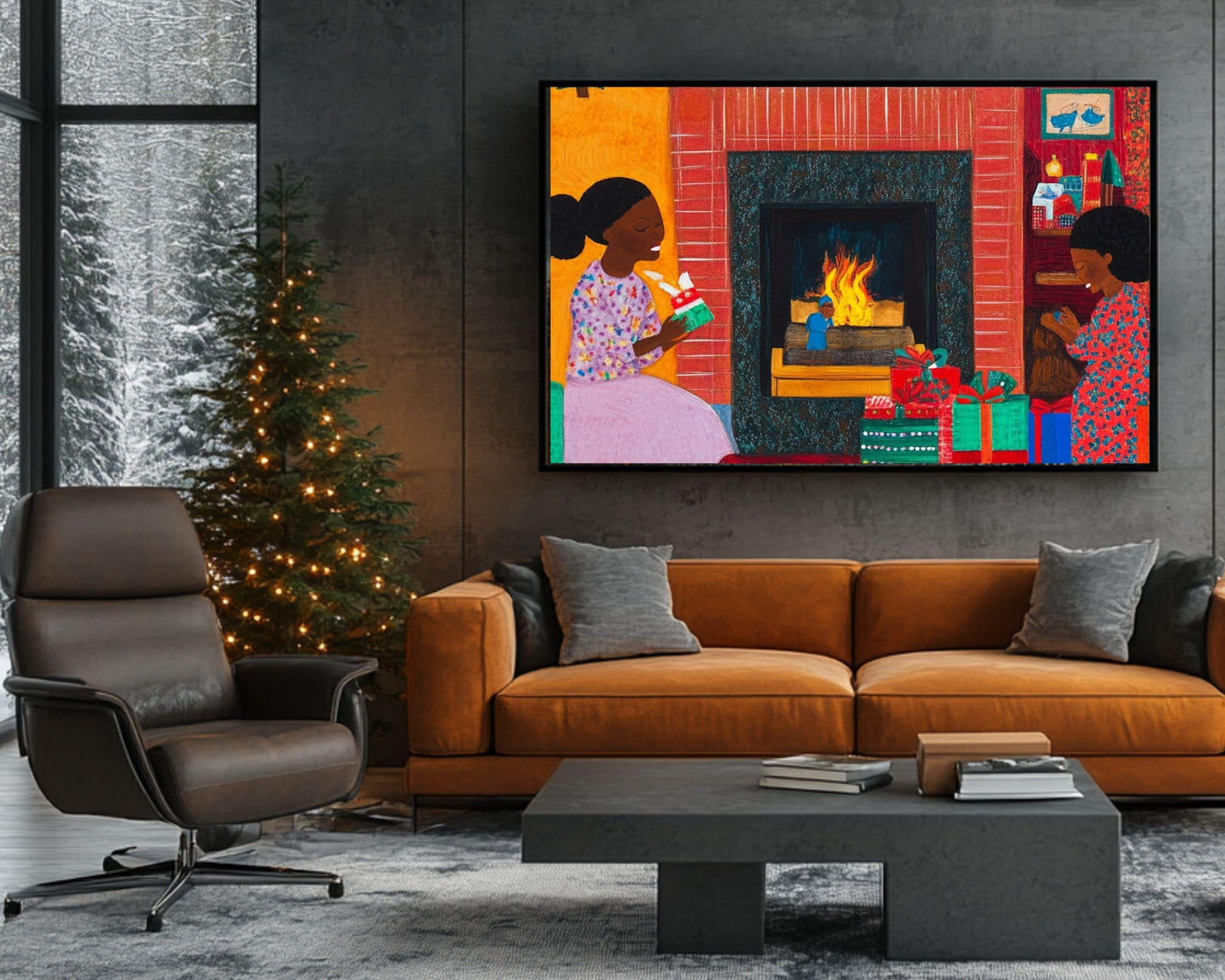 Black Family Opening Christmas Presents by the Fireplace | African American Holiday Art | Quilt-Style Christmas Art |Christmas Decor